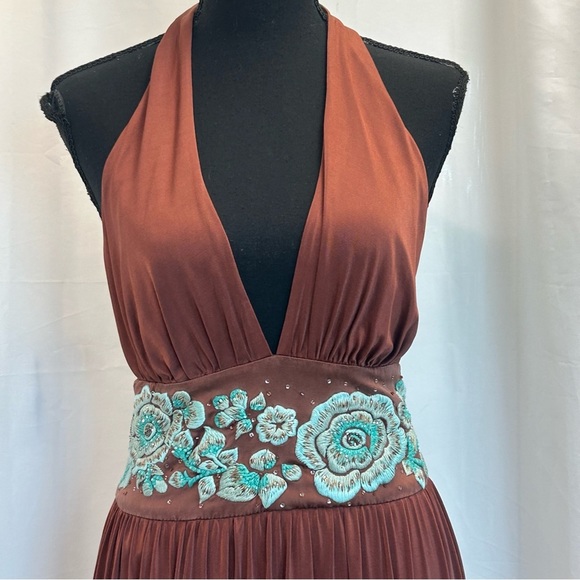 BCBGMAXAZRIA bronze brown teal embroidered beaded flower halter dress - Picture 3 of 16